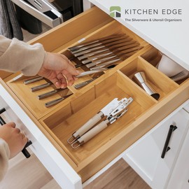KitchenEdge Premium Silverware and Utensil Drawer Organizers – Slanted 3-Compartment and 5-Compartment Design, Labeled Slots, Non-Slip Feet, 100% Sustainable Bamboo, 2 Pack