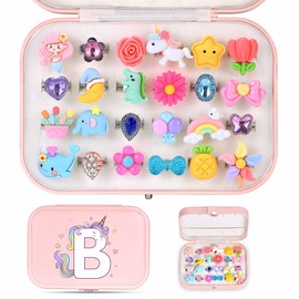K-Acc Little Girl 24 Jewel Rings Set with Initial Unicorn Jewelry Box - Birthday Gifts for Girls (Letter B)