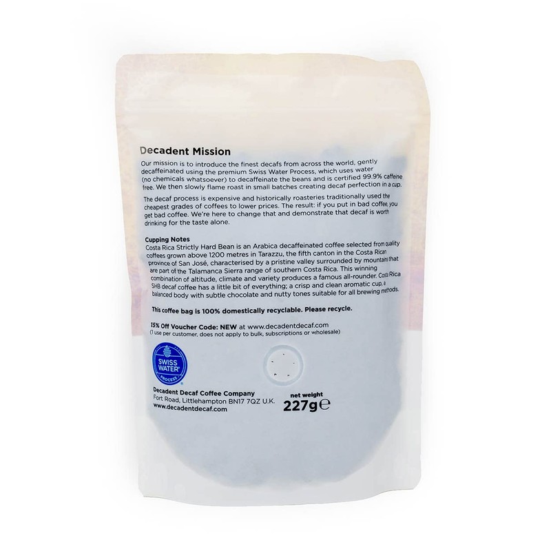Decaffeinated Costa Rican Coffee Beans 227g - Swiss Water Decaf