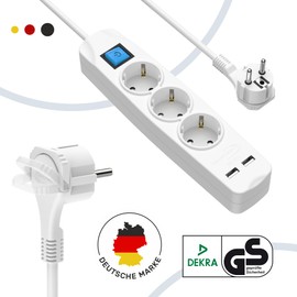 RedStar24 Steckdosenleiste 1,5m 3-Fach mit USB | Mehrfachsteckdose mit Flachstecker & Schalter | Mehrfachstecker mit Wandmontage | Steckerleiste mit flachem Winkelstecker | Steckdose Weiß