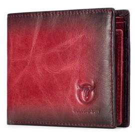 BULLCAPTAIN RFID Wallets for Men Slim Bifold Genuine Leather Front Pocket Wallet with 2 ID Windows QB-05（Crimson ）