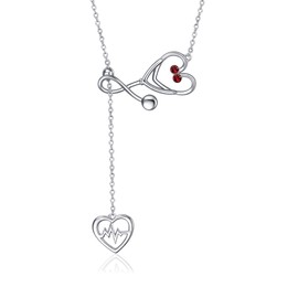 YFN Sterling Silver Stethoscope Jewelry Heartbeat EKG Adjustable Lariat Y Necklace for Women Doctor Nurse Gift (July- Created Ruby)