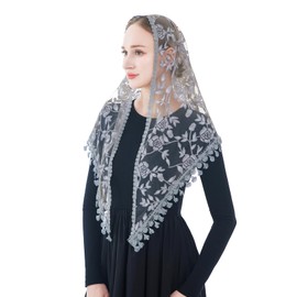 Wgior Triangle Catholic Church Veils Floral Lace Scarf Mass Mantilla Chapel Veil Bridal Bachelorette Party Veil (Gray)