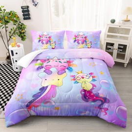 Ntlfup Kawaii Axolotl Comforter Set 3D Animals Theme Bedding for Children Girls Microfiber Salamander Duvet - Pink Purple Galaxy Bed Set Queen Quilt, Includes 2 Pillowcases