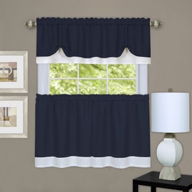 Achim Home Furnishings Halley Curtain in a Bag Full Window Solution, Merlot, 56 x 84-Inch, Tier Pair 58" x 36" with 14" Valance, Navy & White