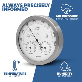 MAVORI® 3in1 Weather Station Analog - Barometer, Hygrometer & Thermometer for Indoor - Ø 13,5cm Stainless Steel Frame with Acrylic Glass - Great Barometers for Home - Barometric Pressure Gauge