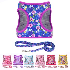 Moonpet Step in Air Dog Harness Leash Set- All Weather Reflective No-Pull Floral Pattern Padded Mesh Vest Harness for Cats Puppy Extra-Small Small Medium Large Dogs - Dark Flower - S