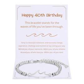 Forty Birthday Bracelet - Wave Charm Adjustable Stainless Steel Beaded Bracelet, Elegant 40th Bracelet, 40th Waves Jewelry, 40 Years Old Fabulous Birthday for Women, Gift for 40th Celebration