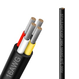 16 Gauge 4 Conductor Electrical Wire, 16.5FT 16AWG Black PVC Stranded Tinned Copper 4 Wire Cable, 16/4 Cord Extension Cable for LED Lamp Lighting, Automotive, Speaker, Audio, Power etc.