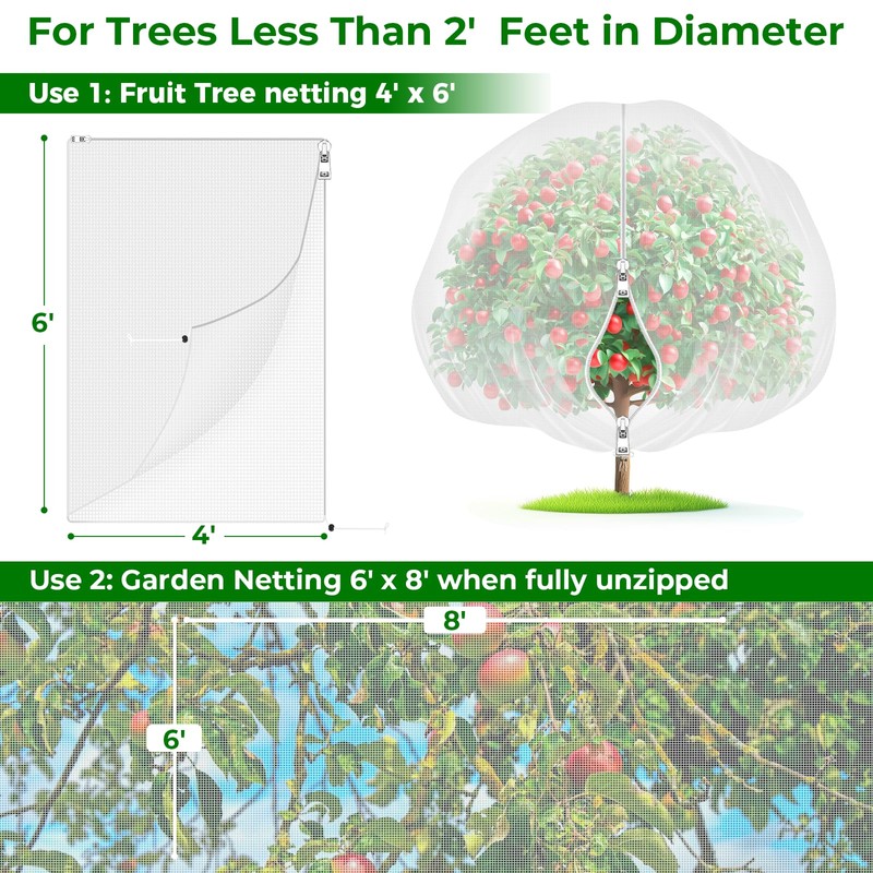 Fruit Tree Netting with 2-Way Zipper & Drawstring - 4'x6'