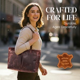 rofozzi Leather Laptop Tote Bag for Women - Work Tote Bag with 14” Laptop Compartment - Computer Handbag for Office and Travel - Vintage Leather Handbag Purse