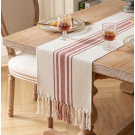 Caflife Boho Table Runner for Modern Farmhouse Fall Decor, Dining Table décor 13 x 60 Inch Long, Coffee Table Runner with Handcrafted Tassels, Rust and Beige Stripe Table Runner for Home Boho décor