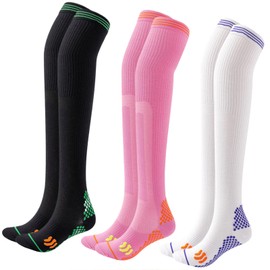 Dress Cici Striped Thigh High Compression Stockings for Athletic Sports, Compression Long Socks for Women And Men (3 Pairs: Black+Pink+White)