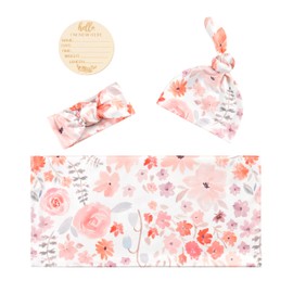 Vollmic Newborn Baby Girl Receiving Blanket Swaddle Blanket Stretchy Knit Swaddle Set with Matching Headband and Beanie (Orange)