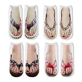 YAMKNICE 3D Flip-Flops Fun Socks,Women Girls Funny Crazy 3D Tie-Dye Socks,Look Like Shoes Sandal Novelty Silly Low Cut Ankle Socks (B Style,4 Pairs)