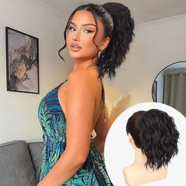 Cisyia Ponytail Extension, Natural Black Drawstring Ponytail for Women, Clip in Wavy Curly Ponytail Hair Extensions Short Soft Synthetic Hairpiece for Daily Use