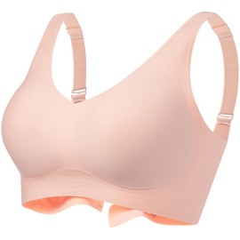 PRETTYWELL Wireless Bras for Women No Underwire Comfort Seamless Smoothing Bra Lift V Neck Padded Full Coverage Everyday Bra Pink