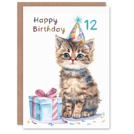 Artery8 12th Birthday Card Cute Baby Cat Kitten Party Hat Kids Age 12 Year Old Child For Son Daughter Girl Boy Happy Card