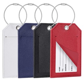 Blendura 4 PU Luggage Tags with Personal Information Card, Suitcase and Travel Bag Tag, Black, red, white, blue, Simple Plain Luggage Tag