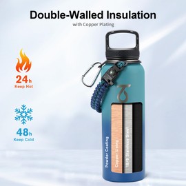 Trebo 40oz Water Bottle Insulated with Lid and Straw,Double Wall Vacuum Stainless Steel Metal Tumbler Sports Flask with Paracord Handle, Keep Hot 24 Hours & Cold 48 Hours Water Jug with 3 Lids