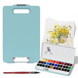 MeiLiang Travel Watercolor Paint Set, Watercolor Set Includes 36 Colors Solid Watercolors + 7.5x7.5 inch 50% Cotton Watercolor Paper(20 Sheets) + 1 Watercolor Brush + Green Handheld Organizer