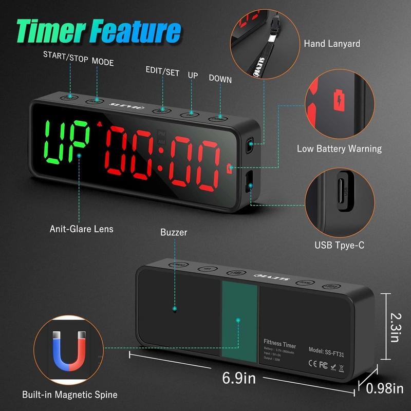 Small Gym Timer Clock, Stopwatch, Workout Interval Timer with Built-in
