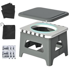 Camping Portable Toilet Chair,Firm Foldable Emergency Toilet With Lid,Folding Stool For Travel Wild Fishing Traffic Jams (Grey, Large)