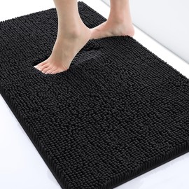 OLANLY Luxury Chenille Bath Mat，Extra Soft Fluffy and Absorbent Bathroom Mat, Non-Slip Plush Thick Bathroom Carpet, Machine Wash Dry, Bath Rug for Bathroom Floor, Tub and Shower, 30" x 20", Black