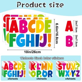 Bulletin Board Letters 144 PCS Large Letter Stickers 12 Sheets Vinyl Self Adhesive Alphabet Sticker Set Poster Board Letters for Display Classroom School Mailbox Home Wall Decor (3 Inch, Colorful)
