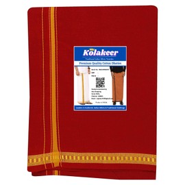 Kolakeer™ Men's Cotton Pentex Dhoti - Kerala Style Single Mundu with Golden Resham Border - 4 Mulam/1.9 Mtrs (Red)