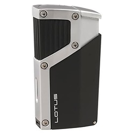 Lotus Czar Cigar Lighter with Quad Pinpoint Torch Flames, Single Action Ignition, All Metal Housing, Integrated 9 mm Cigar Punch, Tinted Fuel Level Window (Black Matte & Chrome)
