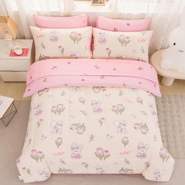 Atarashi Twin Comforter Set Bedding for Girls 7 Piece - Includes Comforter, Pillow Shams, Envelope Pillowcase, Fitted Sheet, Flat Sheet- Soft Bedding Set for Kids Pink & Rabbit Color