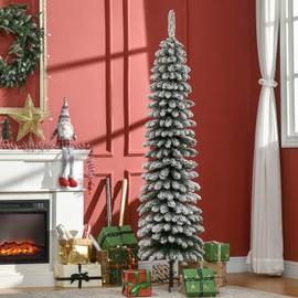 HOMCOM 6' Tall Unlit Snow Flocked Artificial Christmas Tree, Slim Pencil Xmas Tree with Realistic Branches and 395 Tips, Green