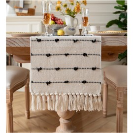 Caflife Boho Table Runner 108 Inchs Long for Modern Farmhouse Room Home Decor, Black and Beige Coffee Table Runner, Natural Cotton Woven with Tassels Neutral, for Kitchen Dining Table Decor