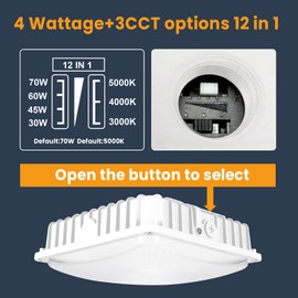 LED Canopy Light 70W 3CCT 3000/4000/5000K, 30/45/60/70W Selectable, IP65 Waterproof, LED Canopy Lights Outdoor 0-10V Dim 100-277VAC LED Canopy Lights for Garage Gas Station Carport ETL Listed