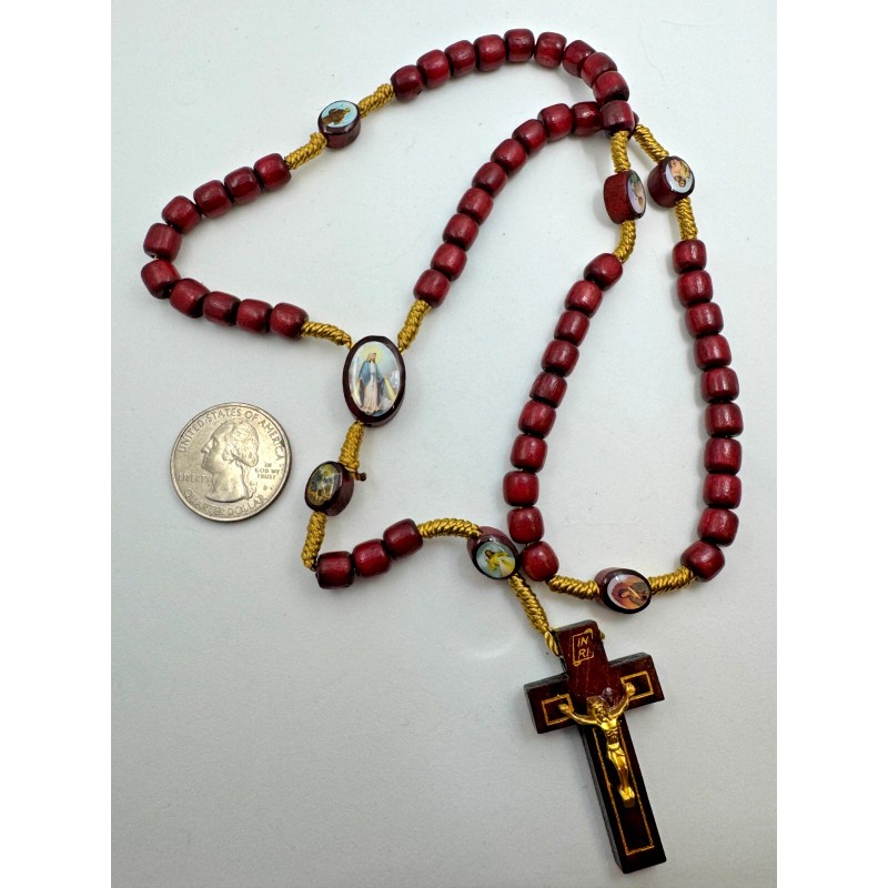 Devotional Saints Corded Wood Rosary - Red with Gold -