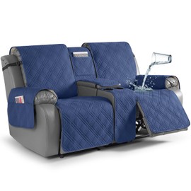 TAOCOCO Loveseat Recliner Cover with Center Console, 100% Waterproof Pet Cover for Dual Recliner with Straps Design, Split Reclining Loveseat Covers Furniture Pet&Kids Protector (2 Seater, Ocean Blue)