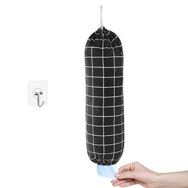 Plastic Bag Holder Organizer, Large Grocery Bag Storage Dispenser Washable Plastic Bag Organizer Reusable Shopping Bag for Home Kitchen Travelling, Free Adjustment with Drawstring, Black, 22x9Inch