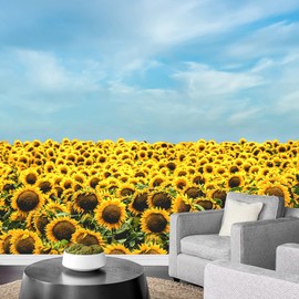 SIGNWIN Removable Wall Sticker/Wall Mural Countryside Farm Scenic Sunflower Field Nature Wilderness Photography Realism Decorative Landscape Colorful for Living Room, Bedroom, Office - 66x96 inches