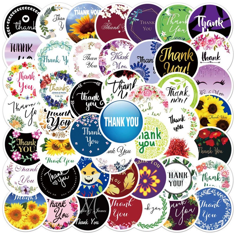 60Pcs Thank You Themed Stickers, Elegant Floral Round Waterproof Vinyl
