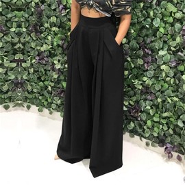 MESLIMA Wide Leg Pants Woman High Waist Solid Color Stretchy Trousers Palazzo Long Pants with Pocket