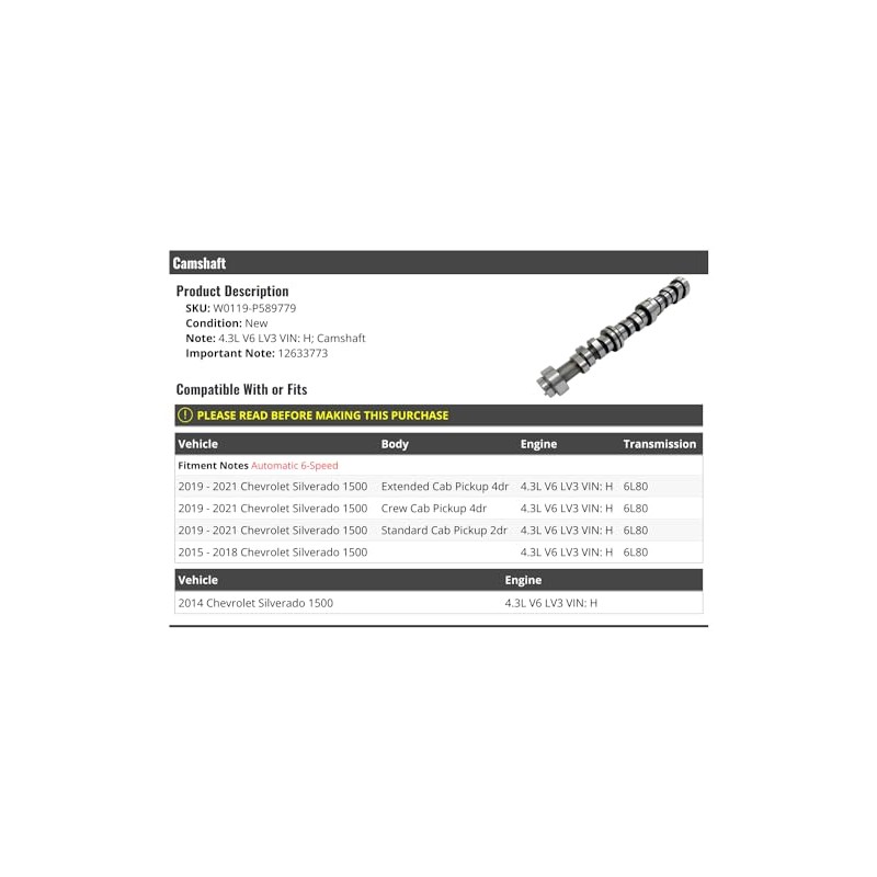 Camshaft - Compatible with 2014-2021 Chevy Silverado 1500 4.3L V6
