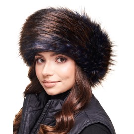 Futrzane Classic Headband - Faux Fur Headbands for Women - Furry Band for Winter - Size XS (Navy Blue with Brown Classic)