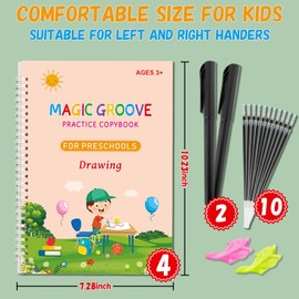 Large Magic Ink Practice Copybook for Kids, Reusable Handwriting Workbooks for Preschools, Tracing Letter Writing Book with Pen Refill and Handwriting Aid(4book+2 Pen+10 Pen Refill)