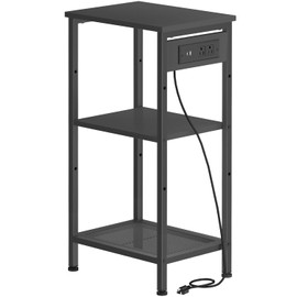 Creso hom Tall End Table with Charging Station, 3 Tier Wood Side Table with USB Ports and Outlets, Narrow Nightstand for Dorm, Telephone Table, Bedside Table for Bedroom, Living Room, Black