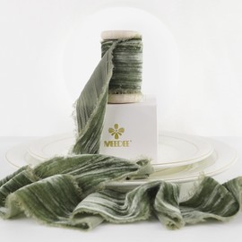 MEEDEE Sage Green Velvet Ribbon 2 Inch Frayed Edge Velvet Silk Ribbon 2 Rolls 4 Yards Crinkle Ribbon Crushed Velvet Ribbon Light Green Velvet Ribbon for Christmas Tree, Gift Wrapping, Holiday Decor