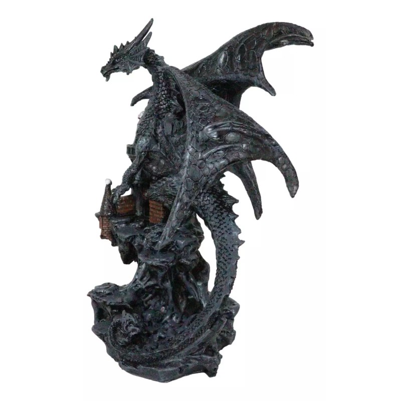 Gargantuan Stone Dragon Guarding Medieval Castle On Mountain Steppes Figurine