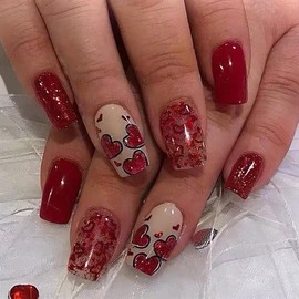 OHWODA Red Valentine’s Press on Nails Medium Square Fake Nails with Red Glitter Heart Design Valentine’s Day Glue on Nails Full Cover Heart Nails Valentine’s Stick on Nails for Women Nail Art 24Pcs