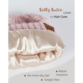 Hat Hut Satin Lined Beanie Hat for Women Silk Lined Winter Hat for Curly Hair Ponytail Beanie Messy Bun Knit Skull Cap (Pink)