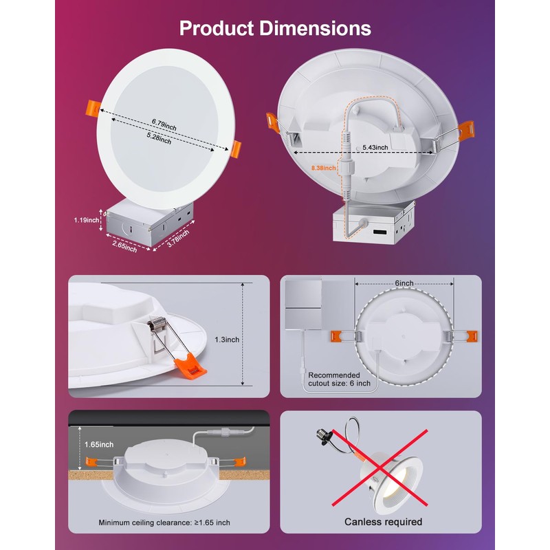 DUSKTEC Remote Control LED 6 Inch Canless Recessed Lighting RGBCW